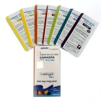  Kamagra Oral Jelly 100mg 7-day assorted flavors weekly pack box